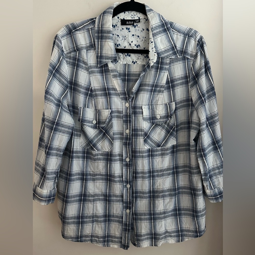 ANA XL PLAID 3/4 SLEEVE TOP SHIRT BUTTON DOWN